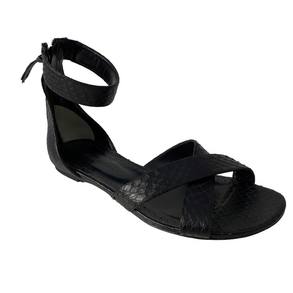 Alexa Wagner Black Sandal Leather Flat Criss Cross Open Toe Zip Snake An… - Picture 1 of 9